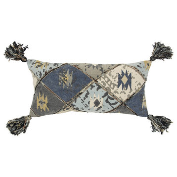 Indigo Gray Tribal Corner Tasseled Lumbar Pillow