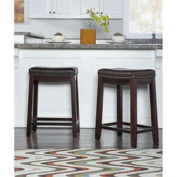 Linon Claridge Wood Set of Two Counter Stools Faux Leather Seats in Brown