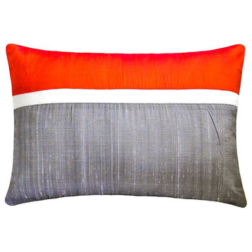 Orange Silk Blocking Patchwork 12"x18" Lumbar Pillow Cover - Plush Orange Silk