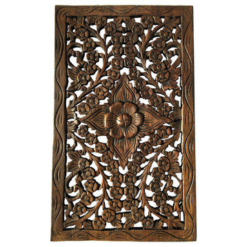 Lotus Carved Wood Wall Art Wall Panel, Rustic Home Decor Wall Plaque 13.5"x24"