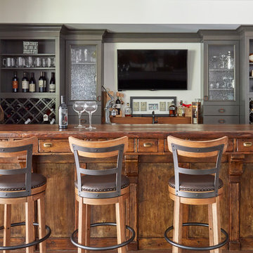 Rustic Wood Antique Bar with Gray Perimeter Cabinets