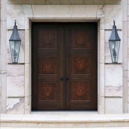 Custom Walnut Exterior Double Door with Burl Walnut Panels - Front Doors