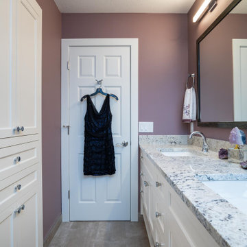 Modern Main Bathroom With a White Shaker Style Vanity and Lavender Walls