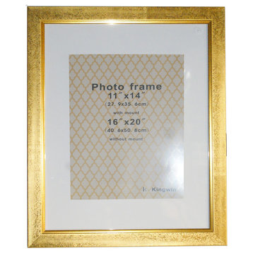 Gold Picture Frame, White Mat, Frame Open for 16x20, Mat Open for 11x14 Inches