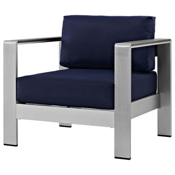 Contemporary Patio Armchair, Sleek Design With Metal Frame and Cushioned Seat, Navy