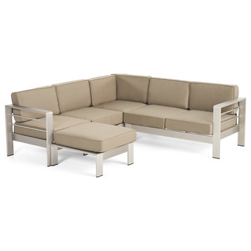 GDF Studio Emily Coral Outdoor 5-Seater V-Shape Sectional Set With Ottoman