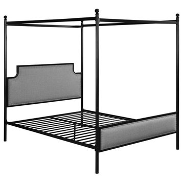 Classic Queen Canopy Bed, Metal Frame & Polyester Headboard With Nailhead, Gray