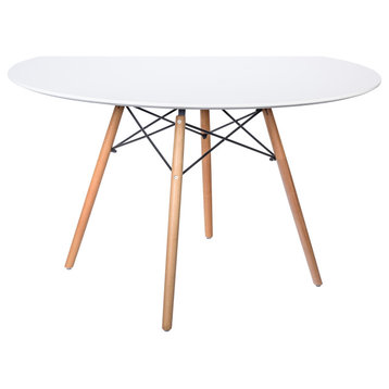 LeisureMod Dover Round Wooden Top Dining Table, Natural Wood Eiffel Base White