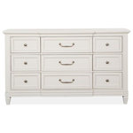 Magnussen - Magnussen Willowbrook Drawer Dresser in Egg Shell White - Charming and chic, Willowbrook combines a soft and casual Egg Shell White finish with classic forms to create a soothing atmosphere that relaxes mind and body. Create a serene setting with vintage silhouettes featuring breakfront shaping on the dresser, panel bed headboard and mirror, and tarnished silver hardware including a decorated knob and elegant bail pull. Crafted of Birch Veneer and Hardwood Solids with a subtle gray wash over the creamy finish, Willowbrook is at home in settings from cottage to coastal and from traditional to soft modern. The stunning panel bed has a storage footboard option with two drawers and a wood-framed upholstered headboard. Three nightstand options are offered including a two-drawer nightstand, one-drawer nightstand with two shelves, and a door bachelor's chest. The functional door chest has a sliding wood door with wood shelves behind, five left drawers with felt-lined top drawers and one bottom drawer. From beaches to the countryside, and from mountain valleys to suburban trails, Willowbrook is a relaxing destination for the end of each day's journey.