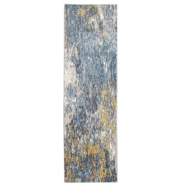 Roxy Abstract Plush Area Rug, Blue/Gold, 2' X 7' Runner