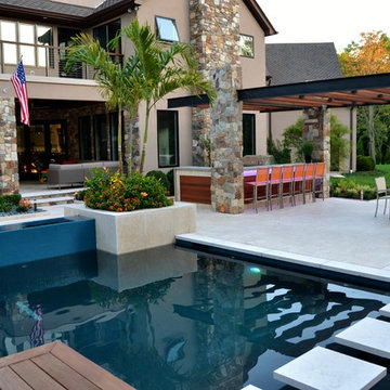Modern Outdoor Kitchen and Pool Construction - Franklin Lakes NJ