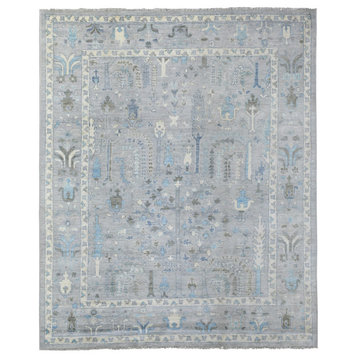Gray Angora Oushak Willow and Cypress Tree Design Hand Knotted Rug, 8'2"x9'10"