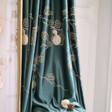 QYHL225S Silver Beach Embroidered Gourd Blue Faux Silk Custom Made Curtains
