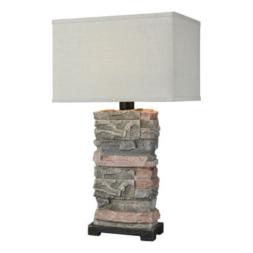 Stone Outdoor Table Lamp Made Of Composite A Grey Clear Linen Shade An On/Off