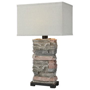 Stone Outdoor Table Lamp Made Of Composite A Grey-Clear Linen Shade An On/Off