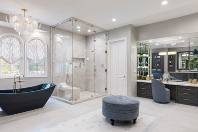 Inspiration for a large transitional master porcelain tile bathroom remodel in Los Angeles with a hinged shower door and a built-in vanity