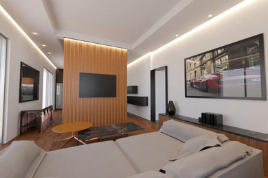 Immagine di un grande soggiorno minimal aperto con parquet scuro e parete attrezzata
