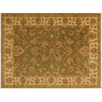 Bareens Designer Rugs - Oriental Ziegler Khalilah Green Ivory Hand-Knotted Wool Rug- 5'0'' x 6'8'' - Enhance the ambiance of your home with this magnificent Persian-influenced Turkish hand-knotted rug made by skilled artisans capable of creating the most exceptional vegetable dyes and hand-spun wool. This exquisite handmade rug is a one-of-a-kind Peshawar Kafkaz, otherwise identified as Chobi, Chobi Peshawar, Oushak, or Ziegler rug. These handmade rugs are crafted in Pakistan utilizing superior-quality wool imported from Australia, New Zealand, and Korea in two types of weaves: the Persian weave and the Mori weave. This rug is meticulously crafted by hand using the finest natural vegetable dyes extracted from local plants. The artisans use a blend of hand-spun local and fine merino wool, resulting in a rug with a compelling texture, higher lanolin content, and longer staple. The artisans occasionally incorporate natural or artificial silk into the pile to enhance specific motifs. The finished product is an awe-inspiring execution of flawless design and an understated palette that exudes elegance.