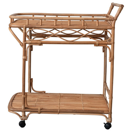 Hand-Woven Rattan 2-Tier Bar Cart on Wheels, Natural