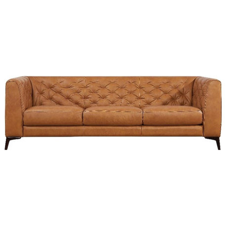 Flore Mid Century Modern Chesterfield Genuine Leather Sofa in Cognac Tan