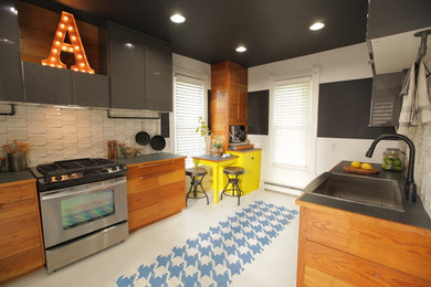 Mid-sized mountain style ceramic tile eat-in kitchen photo in Minneapolis with a farmhouse sink, flat-panel cabinets, medium tone wood cabinets, wood countertops, white backsplash, ceramic backsplash, stainless steel appliances and no island