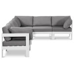 Meridian Furniture - Nizuc Water Resistant Patio L-Shaped Modular Sectional, Gray, 6-Piece: 3 Armless Chair, 3 Corner Chair, White Aluminum Frame - Pick and choose your favorites from the Nizuc collection to create a modular seating group the whole gang will enjoy. The sturdy aluminum frame provides dependable support for friends and family as they relax and unwind, and the resilient grey water resistant fabric stands up to the elements without losing its beautiful demeanor, so you can count on it lasting for the long haul. Latches beneath these seating pieces help you easily attach them to one another for convenient setup.