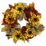 Creative Displays - 25" Sunflower and Hydrangea Fall Wreath with Bows - Create a welcoming outdoor atmosphere this season with our 25" Sunflower and Hydrangea Fall Wreath with Bows! Rich in richness and beauty, this handmade decorative wreath will bring luxurious style and comfort to your home or office.