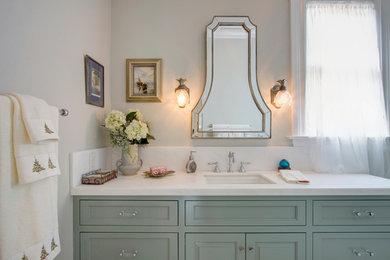 Inspiration for a mid-sized country master bathroom remodel in San Francisco with beaded inset cabinets, gray cabinets, beige walls, an undermount sink and quartz countertops