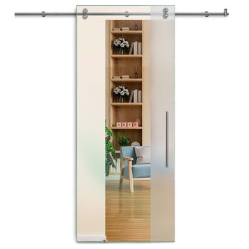 Single Sliding Barn Glass Door, Non-Private with Frosted Design V2000, 26"x81", T-Handle Bar