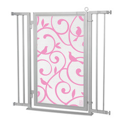 Fusion Gates - Fusion Gate with Songbirds in Pink Design, Satin Nickel, 32"-36" - Baby Gates And Child Safety