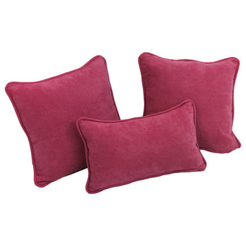 Double-Corded Solid Microsuede Throw Pillows With Inserts, Set of 3, Bery Berry