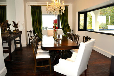Dining room - large traditional dark wood floor and brown floor dining room idea with white walls and no fireplace