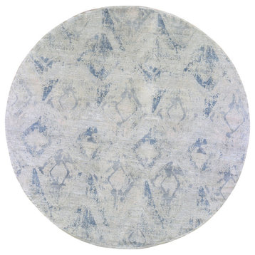 Ivory Large Elements with Pastels Silk with Textured Wool Round Rug, 12'0"x12'0"