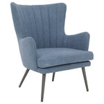 OSP Home Furnishings - Jenson Accent Chair wih Blue Fabric and Gray Legs - Make a sophisticated, Mid-Century Modern, statement with our Jenson Accent Chair. Elegant vertical channel tufting, contoured high back, open-angled arms and a tall tapered leg design, offer a refined, tailored stance. A perfect pairing for a casual family room vibe yet urban enough for a more industrial loft appeal. Create your own contemporary style with our trending colors in easy care 100% Polyester fabric. Quick and easy delivery, and simple, bolt on leg assembly offers instant gratification.