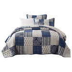 DaDa Bedding Collection - Floral Patchwork, Queenilted Coverlet Bedspread Set, Denim Blue, Full - Enjoy our elegantly designed and classic boho designed bedspread for a brightened look in any room. This bedspread is accented with multiple floral paisley square patchworks all over the bedspread dark navy blue, lighter denim blue, white and grey shades. In this modern yet Bohemian Denim Blue Elegance Patchwork Quilted Bedspread Set. The backside of the quilt is a solid grey background with light floral like designs to simplify the bedspread. Made with cotton fabric and contains 50% cotton and 50% polyester filling created for your comfort for the softest and coziest material. Features: