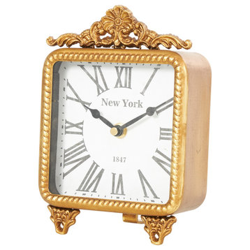 French Country Gold Metal Clock, Gold, 6" x 3" x 8"