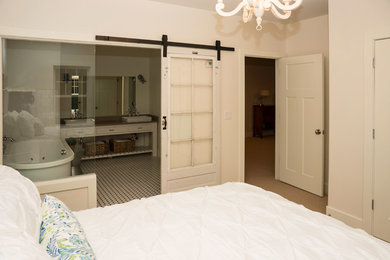 Example of a mid-sized country master carpeted and beige floor bedroom design in Other with white walls and no fireplace