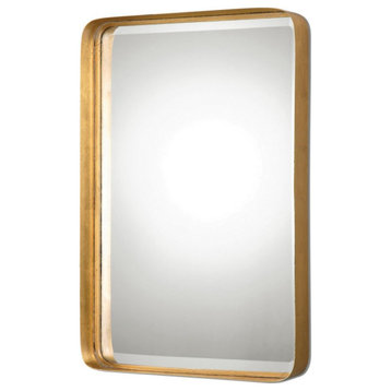 Rustic Rounded Rectangular Mirror in Antique Gold Leaf Curved Corners Metal