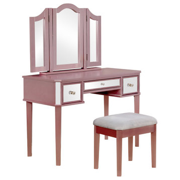 Contemporary Vanity Set, Crystal Like Acrylic Knobs & Folding Mirror, Rose Gold