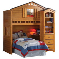 Rustic Oak Tree House Twin Bunk, Loft Bed, With Desk, With Shelf Cabinet