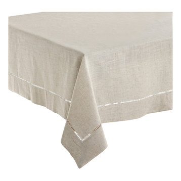 Classic Hemstitched Linen Blend Tablecloth, Natural, 65"x104" Oblong