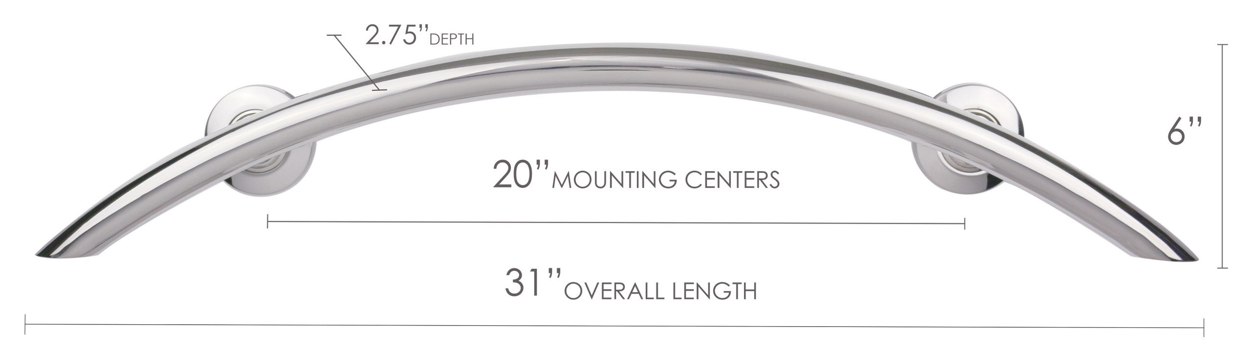 30" Crescent Curved Shower Grab Bar, Polished Stainless