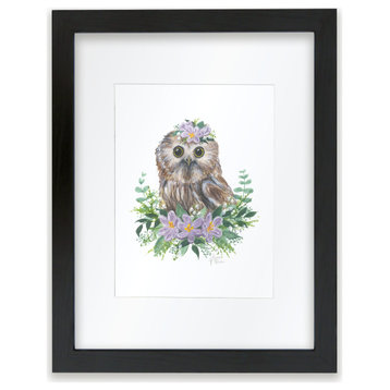"Woodland Littles 1" Owl Individual Framed Print, With Mat, Black, 11"x14"