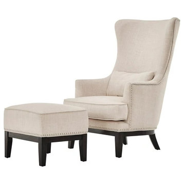 Comfortable Accent Chair With Ottoman, Cushioned Seat and Wing Backrest, Beige