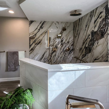 Master Bath with Refaced Vanity and Full Height Porcelain Tile Shower Walls