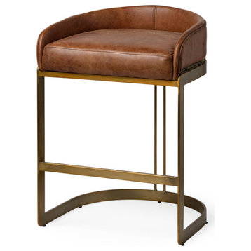 Hollyfield Medium Brown Genuine Leather Seat with Gold Metal Frame Counter Stool