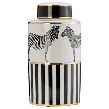 Ceramic 16"H Zebra Jar, Lid, White/Gold
