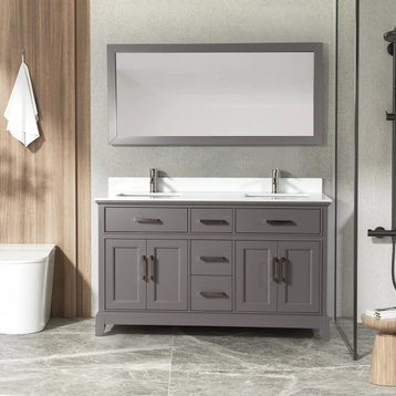Vanity Art Bathroom Vanity Set With Engineered Marble Top, 60", Gray, Led Touch-Switch Mirror