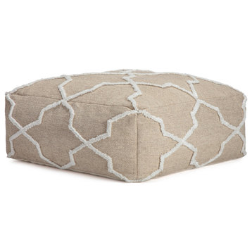 Unique Pouf, Extra Large Design With Geometric White Pattern, Beige Upholstery