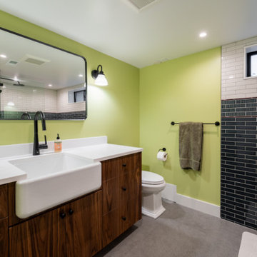 Walnut Bathroom Vanity with White Farmhouse Sink and Matte Black Hardware